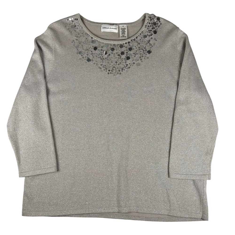 Alfred Dunner Womens XL Silver Metallic Sequin Neck 3/4 Sleeve Knit Sweater - Picture 3 of 6